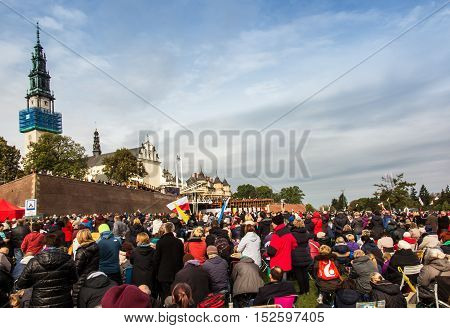 Czestochowa Poland - October 15 2016: United Atonement all-day prayer meeting people from all over Polish who repented of his sins and his compatriots before the top Jasna Gora.