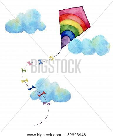 Watercolor print with rainbow air kite and clouds. Hand drawn vintage kite with flags garlands and retro design. Illustrations isolated on white background.