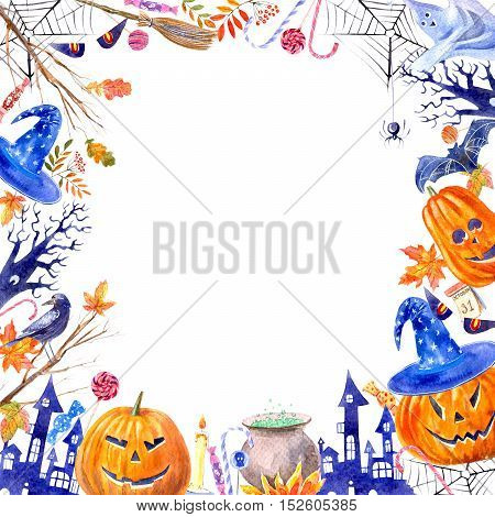 frame with pumpkin jack-o'-lantern, lollipop,broom,magic hat,ghost,candle,castle,web,bat,spider,tree,autumn leaves and candy.halloween border.watercolor hand drawn illustration.white background.