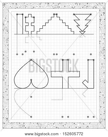 Black and white worksheet on a square paper with exercises for little children. Need to draw the reflection of objects. Logic puzzle. Vector image.