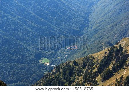 Amazing Panorama of Green hills and Rila monastery, Bulgaria