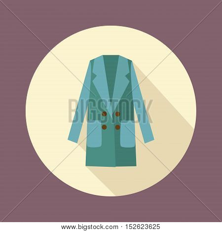 Women double-breasted coat icon. Fashionable outerwear in flat style design with long shadow. Fashion Woman long coat illustration.