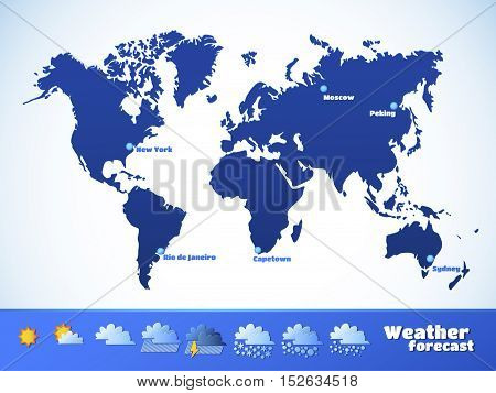 Weather map, forecast icons set. Blue signs
