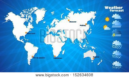 Weather forecast icons set. World blue map.