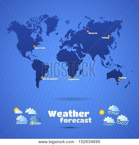 Weather map, forecast icons set. Blue signs