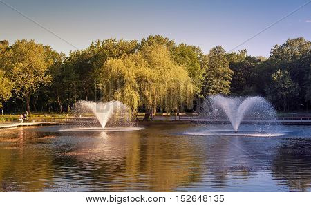 Two fountains in the colorful park detail