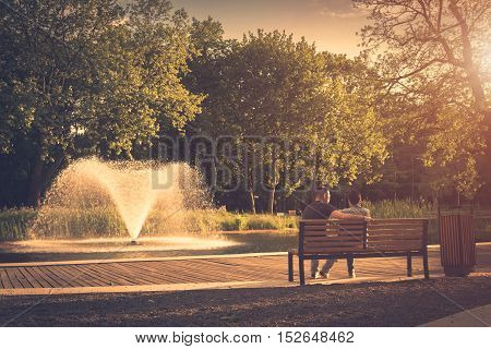 Vintage photo of a peaceful park in sunset