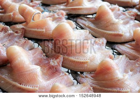 Striped Snakehead Fishes Dried In The Sun For Sell In Open Market, Thai Market Store.
