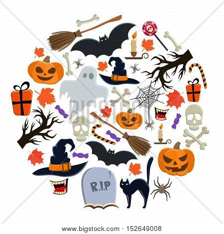 Set of Halloween icons in circle shape background. Template for packaging, cards, posters and menu. Vector stock illustration.