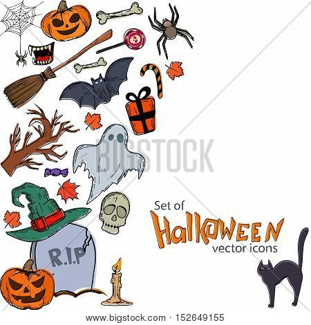 Side vertical border with Halloween icons. Template for packaging, cards, posters, menu. Vector stock illustration.