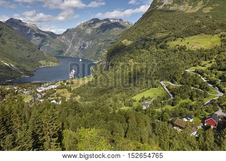 Norwegian fjord landscape. Storfjorden. Hellesylt Geiranger cruise travel. Tourism