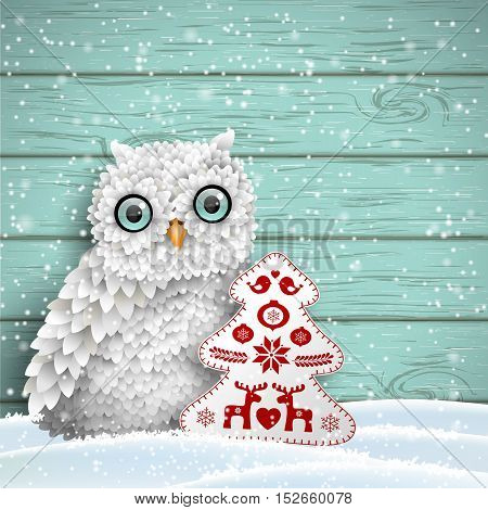 Cute white owl sitting in snow in front of blue wooden wall with abstract decoration in shape of tree, winter holiday theme, vector illustration, eps 10 with transparency