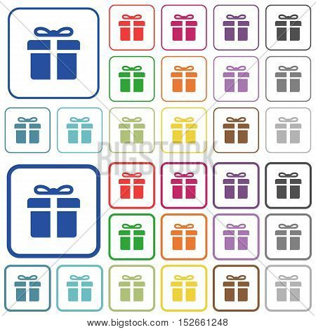 Set of gift box flat rounded square framed color icons on white background. Thin and thick versions included.