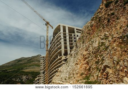Construction Of The Hotel In The Rock By The Sea