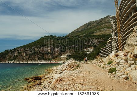 Construction Of The Hotel In The Rock By The Sea