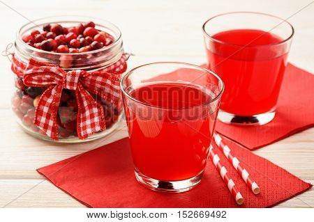 Cranberry kissel in glasses on white table.