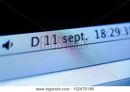 FRANKFURT GERMANY - SEP 11 2009: September Eleven date as seen on the screen of an Apple iMac computer. The September 11 attacks were a series of four coordinated terrorist attacks by the Islamic terrorist group al-Qaeda on the United States on the mornin
