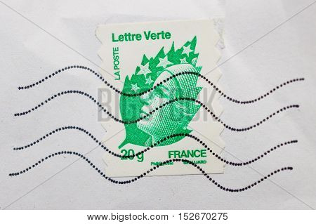 PARIS FRANCE - DEC 30 2013: Postage stamp with National Symbol of France - Marianne issued by La Poste National Postl service of France