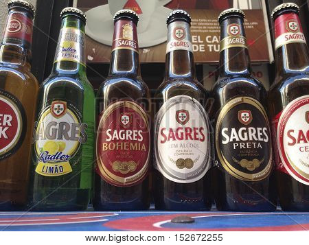 Badajoz Spain - May 22 2016: Best selling portuguese beers over terrace table outdoors