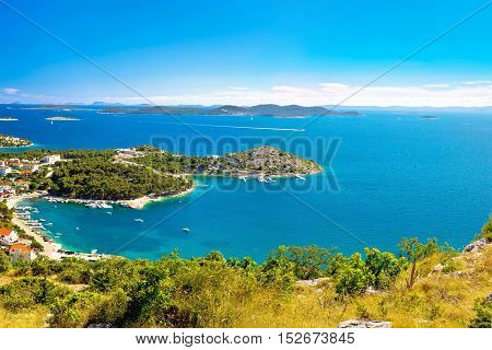 Adriatic archipelago aerial summer view bay of Drage Pakostanske Dalmatia Croatia