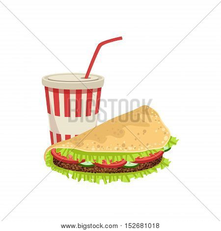 Taco And Soft Drink Street Food Menu Item Realistic Detailed Illustration. Take Away Lunch Icon Isolated On White Background.