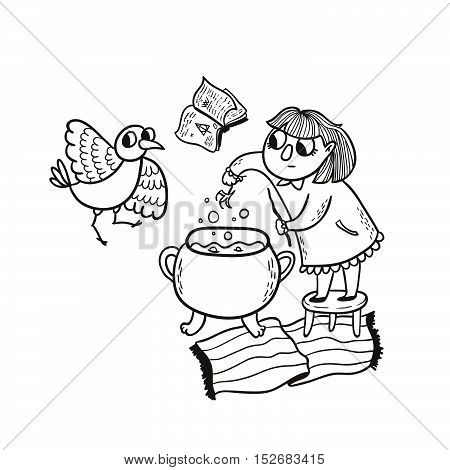 Happy Halloween vector card with hand drawn spooky and cute objects.