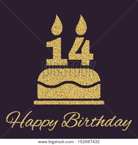 The birthday cake with candles in the form of number 14 icon. Birthday symbol. Gold sparkles and glitter Vector illustration