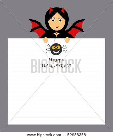 The girl bat vampire is holding a notepad sheet for the entries. Modern flat design. Spider, inscription happy Halloween.