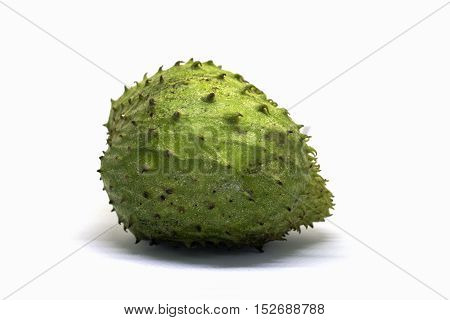 Soursup or soursop isolated on white background. Guyabano photo in lightbox. Unusual tropical fruit with green color and pine texture. Sweet tropical dessert. Sugar apple exotic fruit. Eatable pine