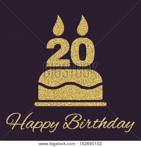 The birthday cake with candles in the form of number 20 icon. Birthday symbol. Gold sparkles and glitter Vector illustration