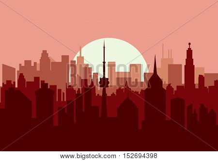 City skyline silhouette at sunset. skyscappers, towers, office and residental buildings. vector illustration