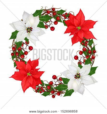 Christmas wreath flower garland. White poinsettia red berries green leaves woven from twigs. Isolated on white background.