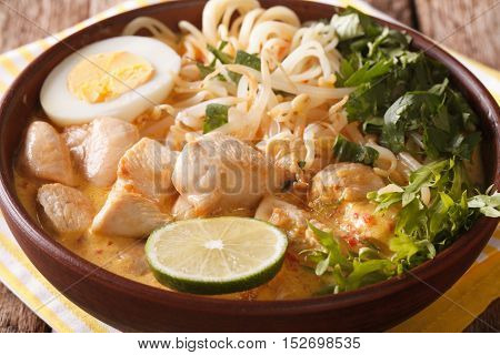 Laksa Soup With Chicken, Egg, Rice Noodles, Bean Sprouts And Coriander Close-up. Horizontal