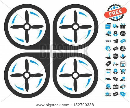 Quadrotor Screws Rotation icon with free bonus design elements. Vector illustration style is flat iconic symbols blue and gray colors white background.