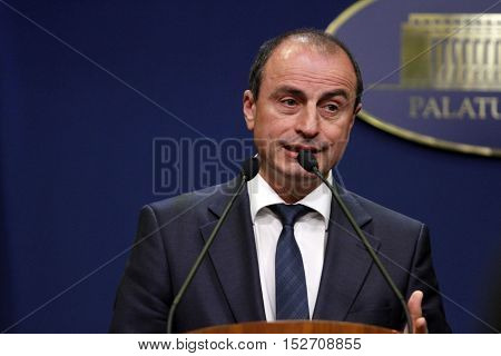 BUCHAREST ROMANIA - OCTOBER 19 2016: Romanian Minister of Agriculture and Rural Development Achim Irimescu speaks at a press conference at Victoria Palace.