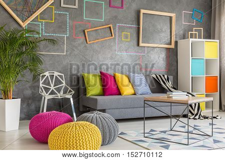 Living Room With Wool Poufs