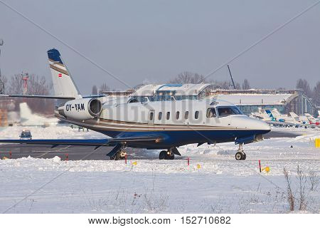 Kiev Ukraine - January 27 2012: IAI 1125 Astra business jet is taxiing to the runway for takeoff on a winter day