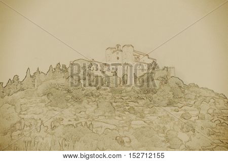 Pilgrimage church of Sant Salvador on green hill in Arta village, Mallorca island, Spain. Modern painting, background illustration.