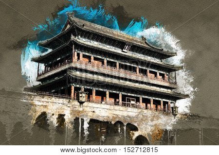 Beijing, China at the Zhengyangmen Gatehouse in Tiananmen Square. Beautiful historical building at sunset. Vintage painting, background illustration, beautiful picture, travel texture