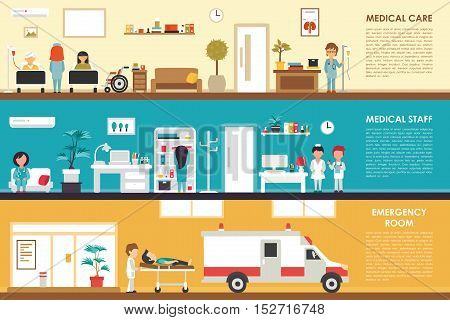 Medical Care and Staff Emergency room flat hospital interior concept web vector illustration. Doctor, Nurse, First Aid, Clinic. Medicine service presentation
