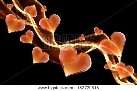 Red gem hearts leading fire smoke wave isolated on dark background. Geometric rumpled triangular low poly style graphic 3d render illustration. Raster polygonal design for your business.