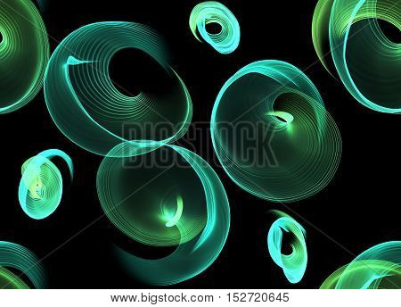 glowing green cyan curved lines and circles flowers over dark Abstract Background. seamless Illustration pattern.