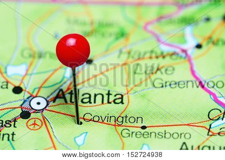 Covington pinned on a map of Georgia, USA