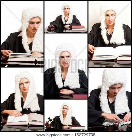 Portraits of Female Judge wearing a wig and black mantle.Collage.