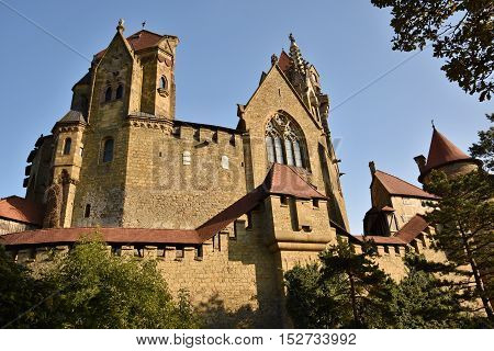 Beautiful medieval Kreuzenstein castle in Leobendorf village. Near Vienna Austria - Europe. Autumn day.