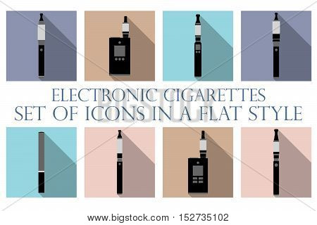 Electronic cigarette. Electronic cigarette flat icons. Types vaporizers. Set vector icons.