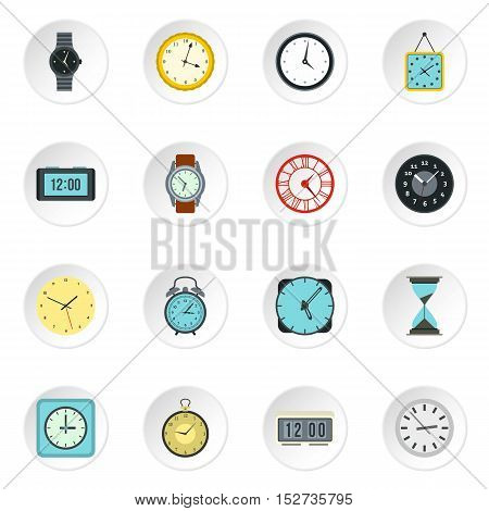 Clock icons set. Flat illustration of 16 clock vector icons for web