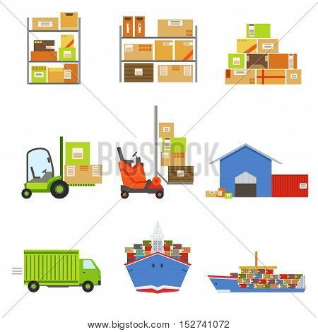 Logistics And Delivery Related Set Of Objects. Bright Color Simple Flat Illustrations Isolated On White Background.