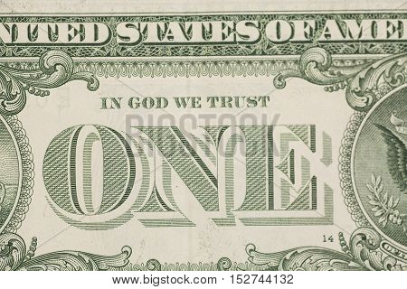 US one dollar bill closeup macro 1 usd banknote
