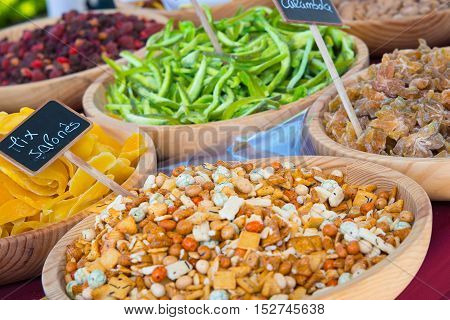 Dried fruits assortment at market in celebration of AlmossassaMarvao Portugal.